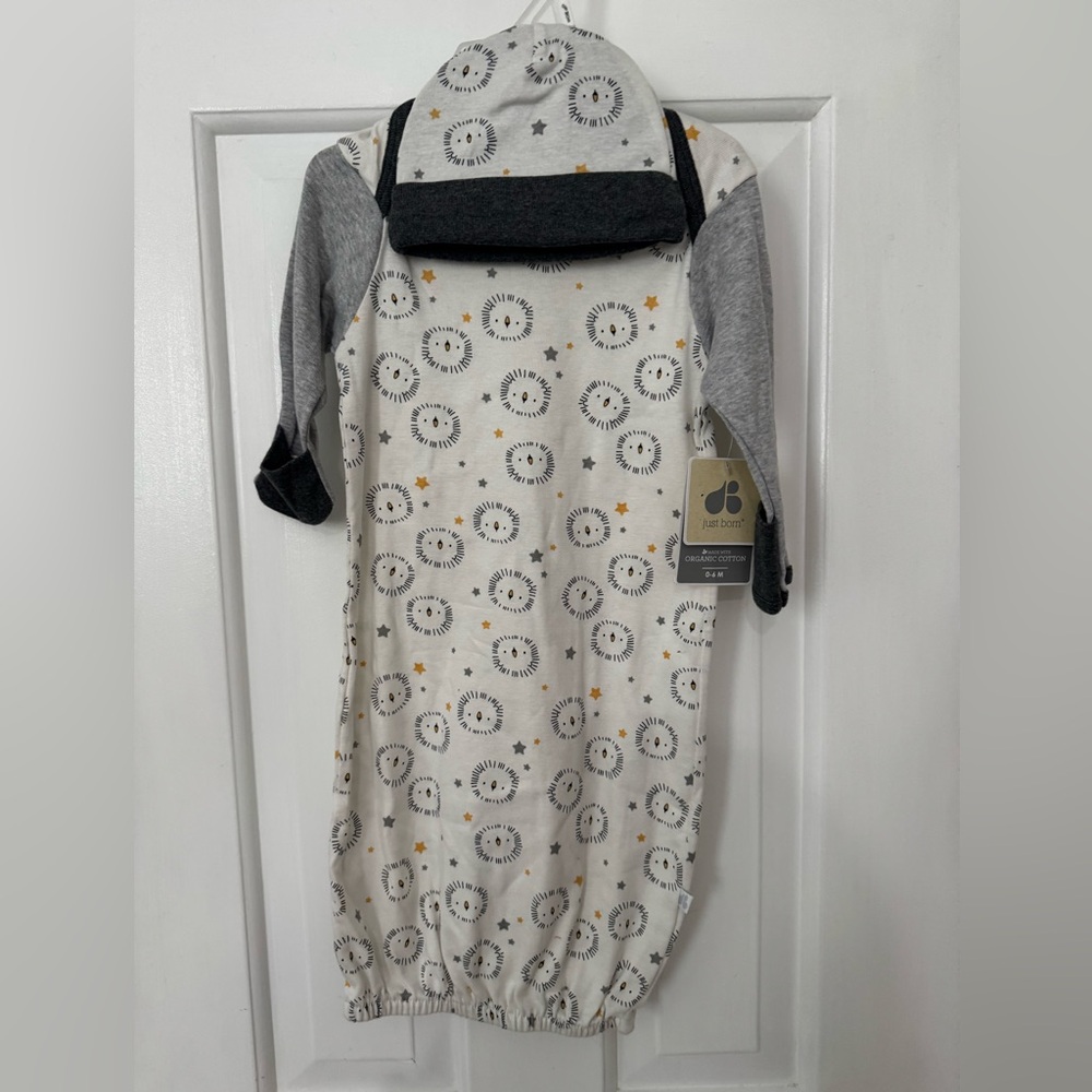 Just Born Organic Cotton Gray and White Lion Sleep Gown and Hat 0-6 Month NWT